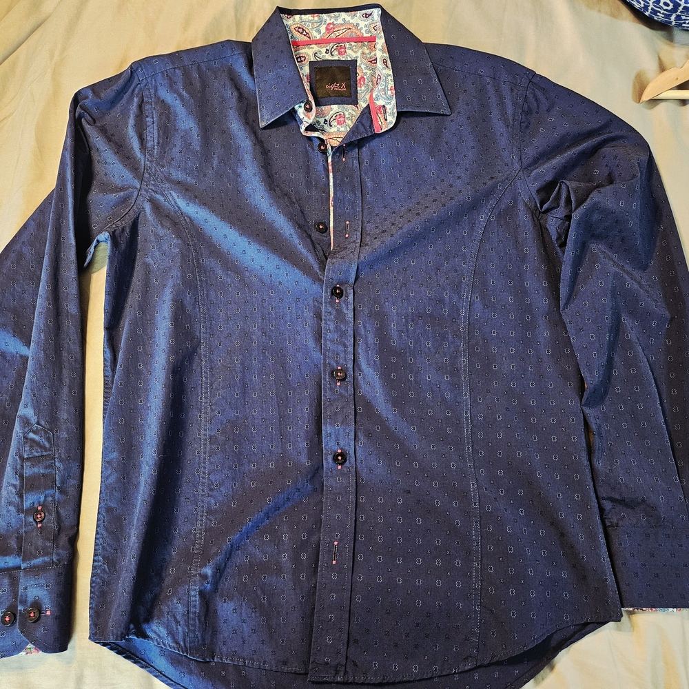 Stylish Navy Button Down Shirt with Paisley Trim